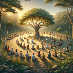 DALL·E 2024-01-16 11.31.11 - Uma imagem realista que reflete a frase 'CONECTE-SE COM UMA COMUNIDADE QUE BUSCA CRESCIMENTO PESSOAL E ESPIRITUAL'. A imagem retrata um grupo de pesso