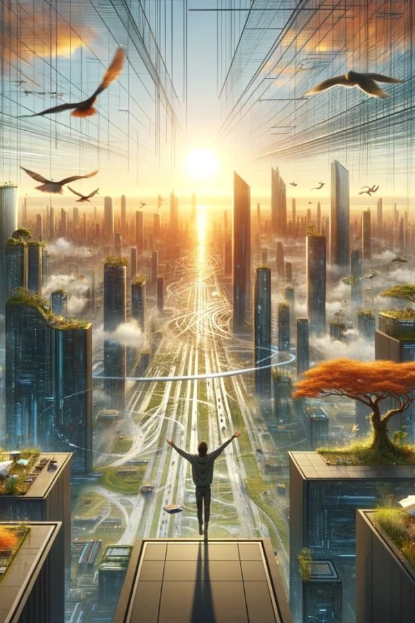 DALL·E 2024-02-15 11.21.56 - Imagine uma cidade futurista onde a natureza e a tecnologia coexistem harmoniosamente. No centro da imagem, uma pessoa está de braços abertos em cima