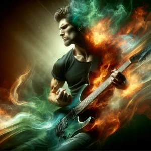 DALL·E 2024-03-14 11.24.22 - A high-energy portrait of a male, with an intense and passionate expression, playing an electric guitar. His figure is engulfed in flames at the botto