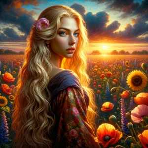 DALL·E 2024-03-14 12.15.13 - In the center of the image stands an entrancingly beautiful blonde woman with her golden hair flowing down to her waist, catching the sun's soft glow