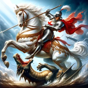 DALL·E 2024-03-14 12.16.12 - A valiant knight depicted as Saint George, mounted on a majestic white steed, wearing gleaming armor and a flowing red cape. In the midst of a fierce