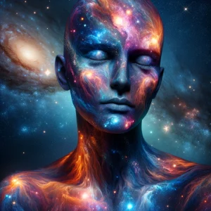 DALL·E 2024-04-01 12.51.49 - Create an image of a humanoid figure with a cosmic theme. The being’s skin should resemble the vibrant expanse of the universe, with swirling nebulas,