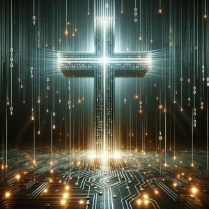 DALL·E 2024-04-01 12.53.18 - Create a digital art piece of a cross constructed from glowing binary code, symbolizing the intersection of faith and technology. The cross is standin