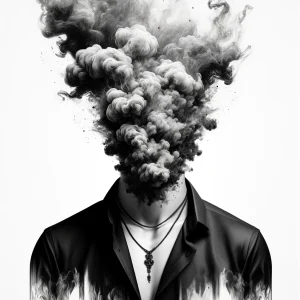 DALL·E 2024-04-01 12.53.47 - Generate an artistic black and white image of a person with their head dissolving into smoke or a cloud-like substance, creating an abstract and surre